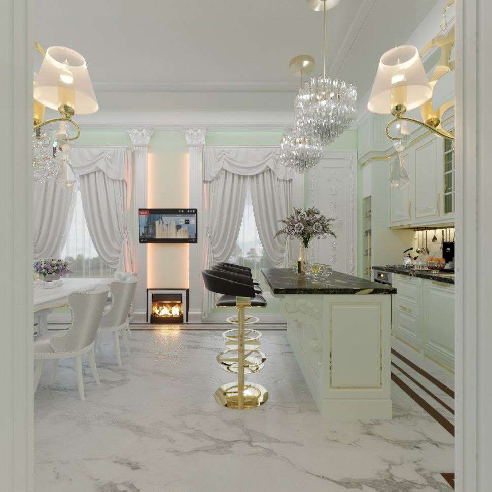 Thiết kế nội thất chung cư 78m2 phong cách cổ điển với phòng bếp liền phòng khách 
