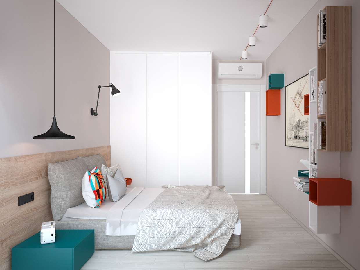 Phòng ngủ màu trắng với đồ nội thất thiết kế theo hơi hướng Color Block 