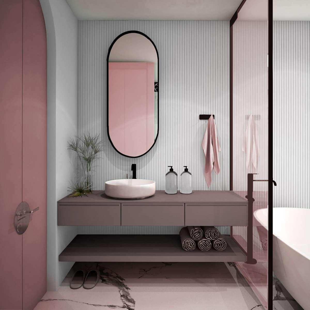Mẫu thiết kế nhà vệ sinh theo phong cách Color Block màu hồng nhẹ nhàng