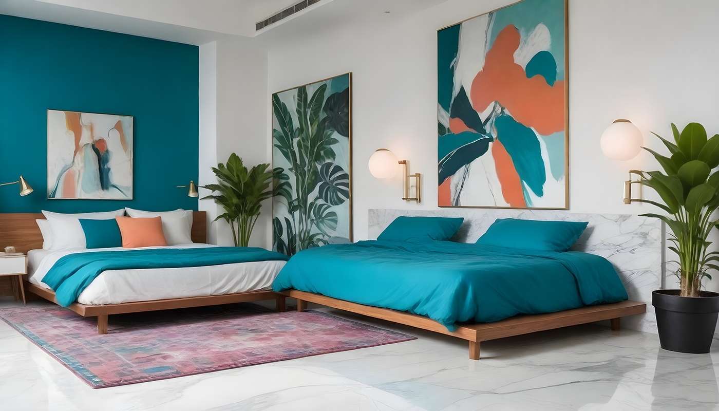 Phòng ngủ khách sạn được thiết kế theo phong cách Color Block