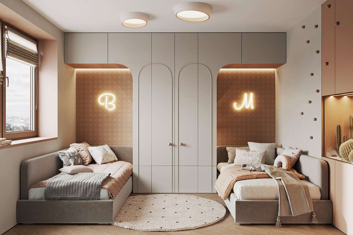 Phòng ngủ 2 giường ứng dụng phong cách Color Block với 2 tone màu xám và cam 