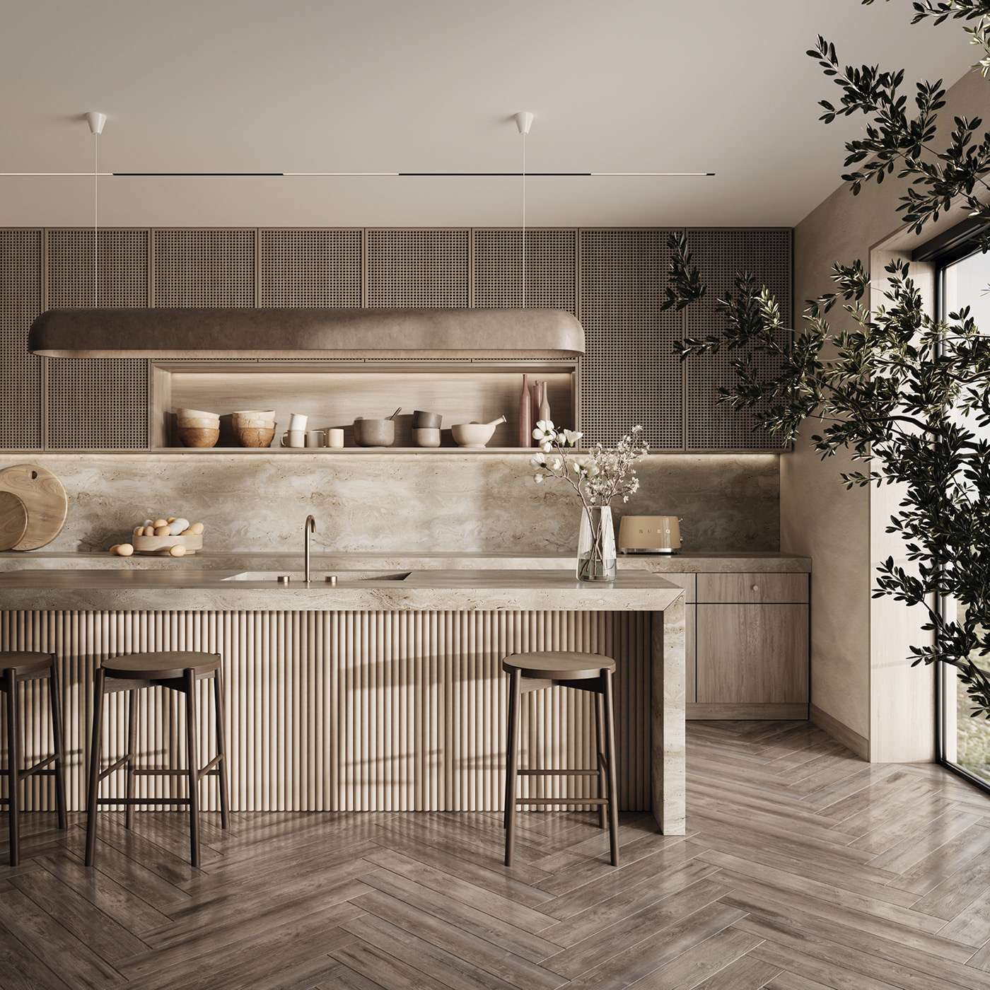 Thiết kế nội thất phòng bếp nối liền phòng bếp với bàn ăn đặt giữa theo hơi hướng Eco 