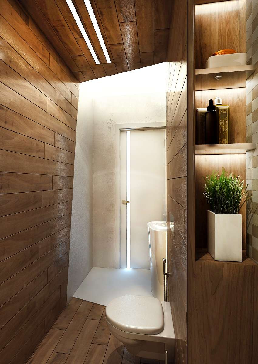 Nội thất nhà vệ sinh được ốp nửa gạch - nửa gỗ tự nhiên 