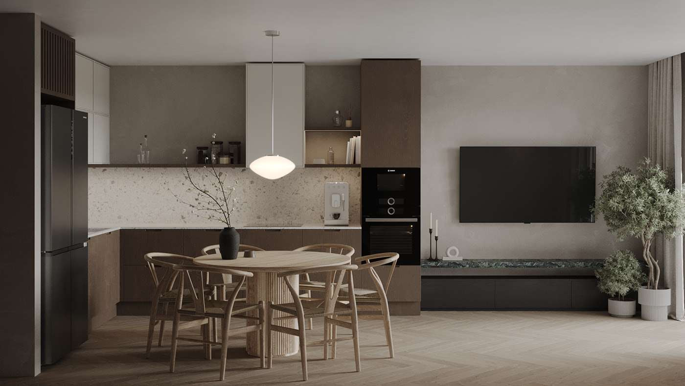 Thiết kế nội thất phòng khách liền bếp chung cư phong cách tối giản 