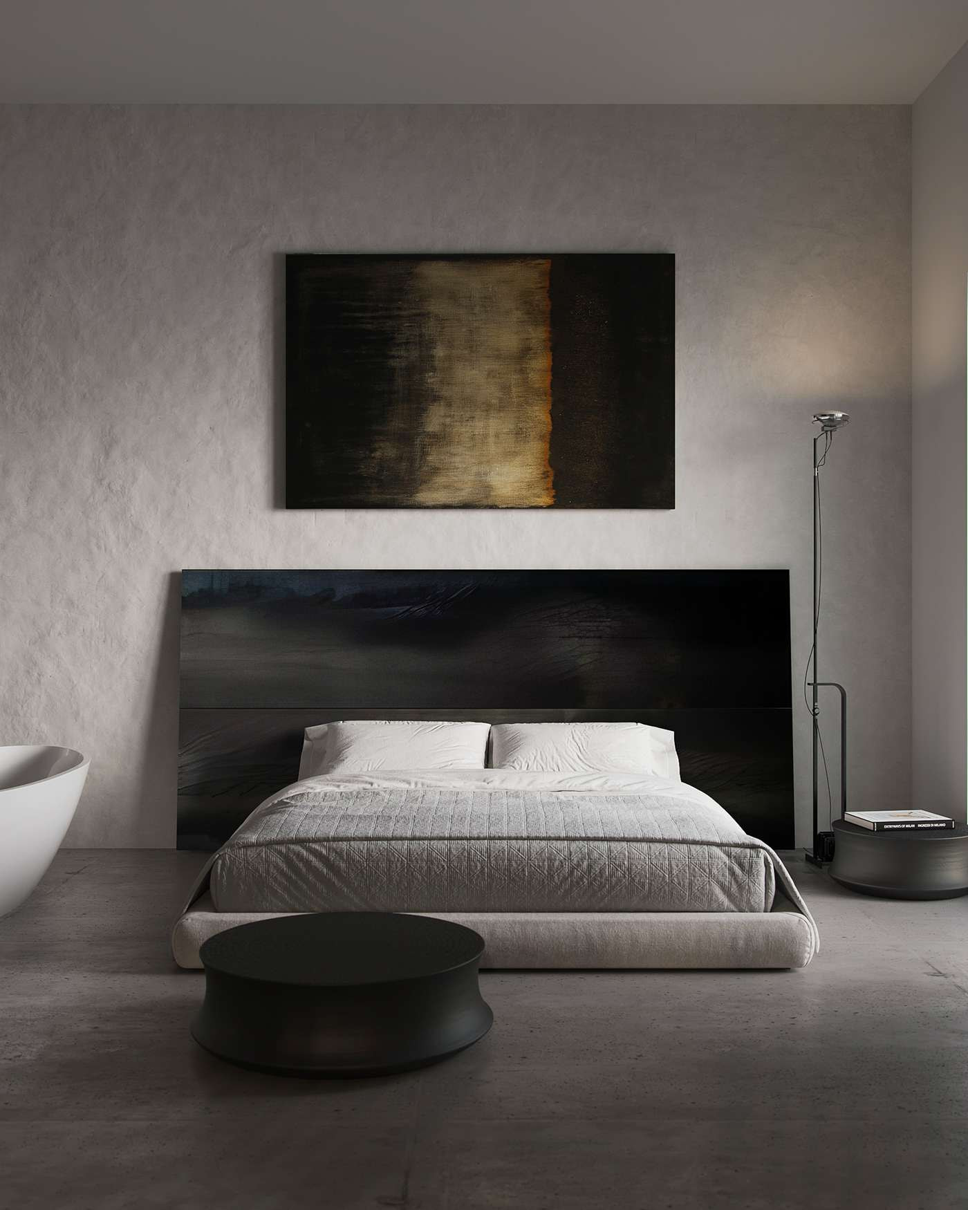 Nội thất phòng ngủ tối giản cho nam sử dụng màu xám đen sơn hiệu ứng