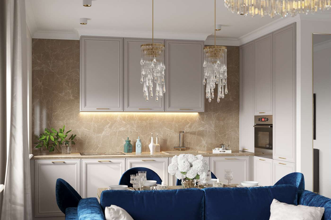Hệ đèn trần thả giúp tôn lên tính quyền quý của phòng bếp Luxury