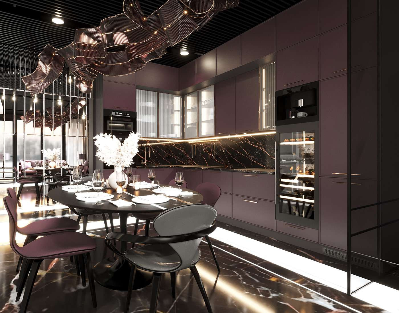 Thiết kế nội thất phòng bếp Luxury với gam màu xám và màu tím 