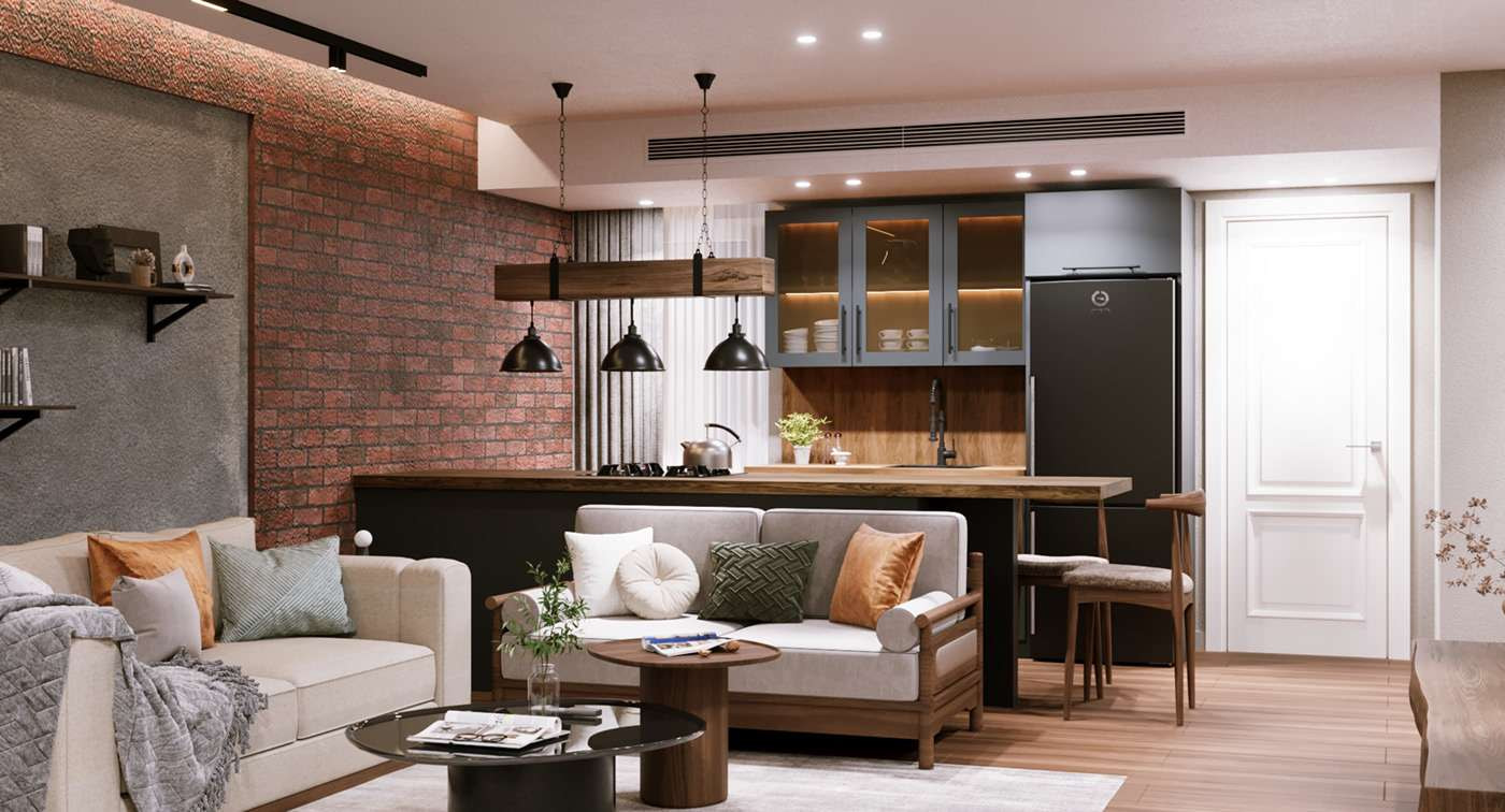 Thiết kế nội thất phòng khách liền bếp chung cư phong cách Rustic 