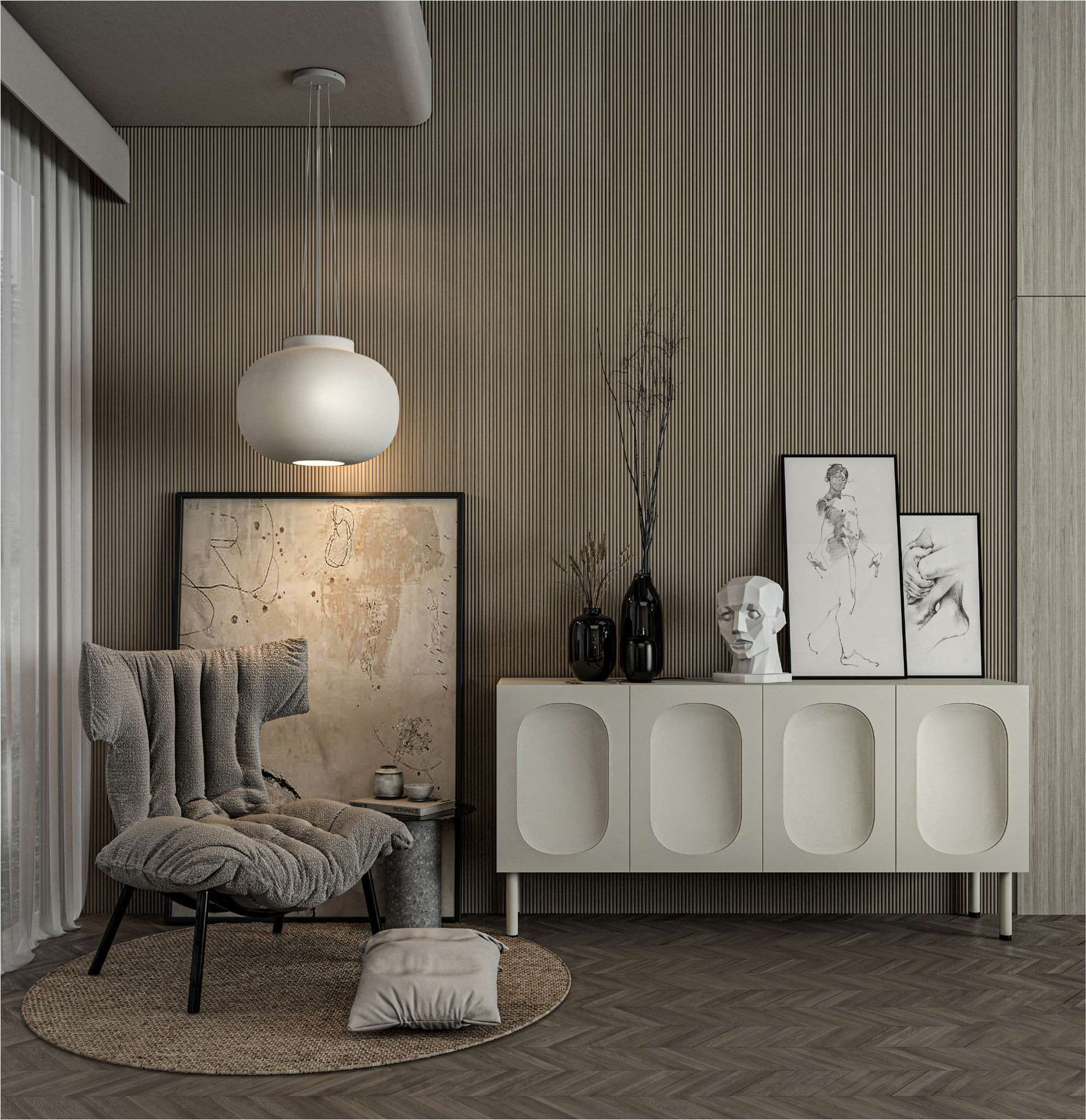 Thiết kế nội thất phòng khách phong cách wabi sabi 