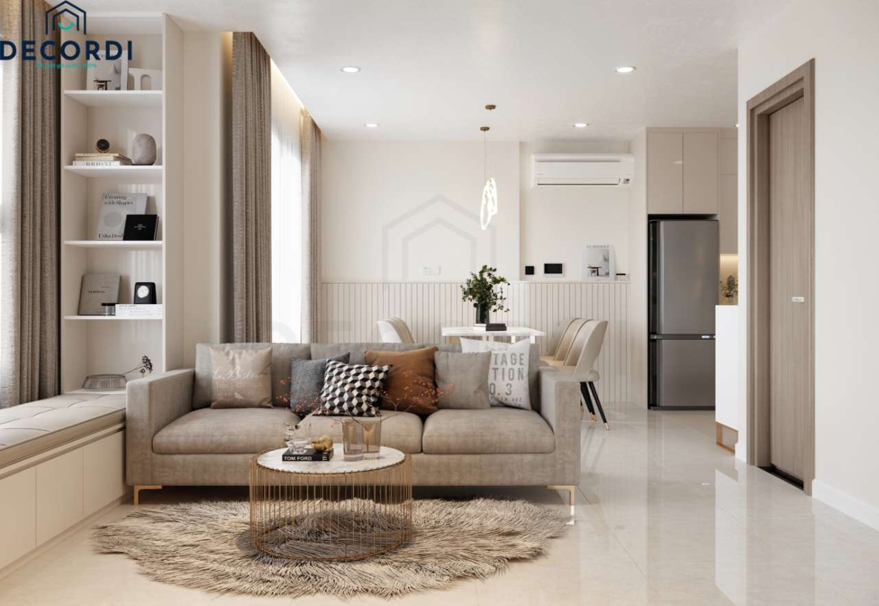 Phòng khách căn hộ chung cư sử dụng gam màu trắng nền nã, nhẹn nhàng sử dụng sofa bàn trà tròn