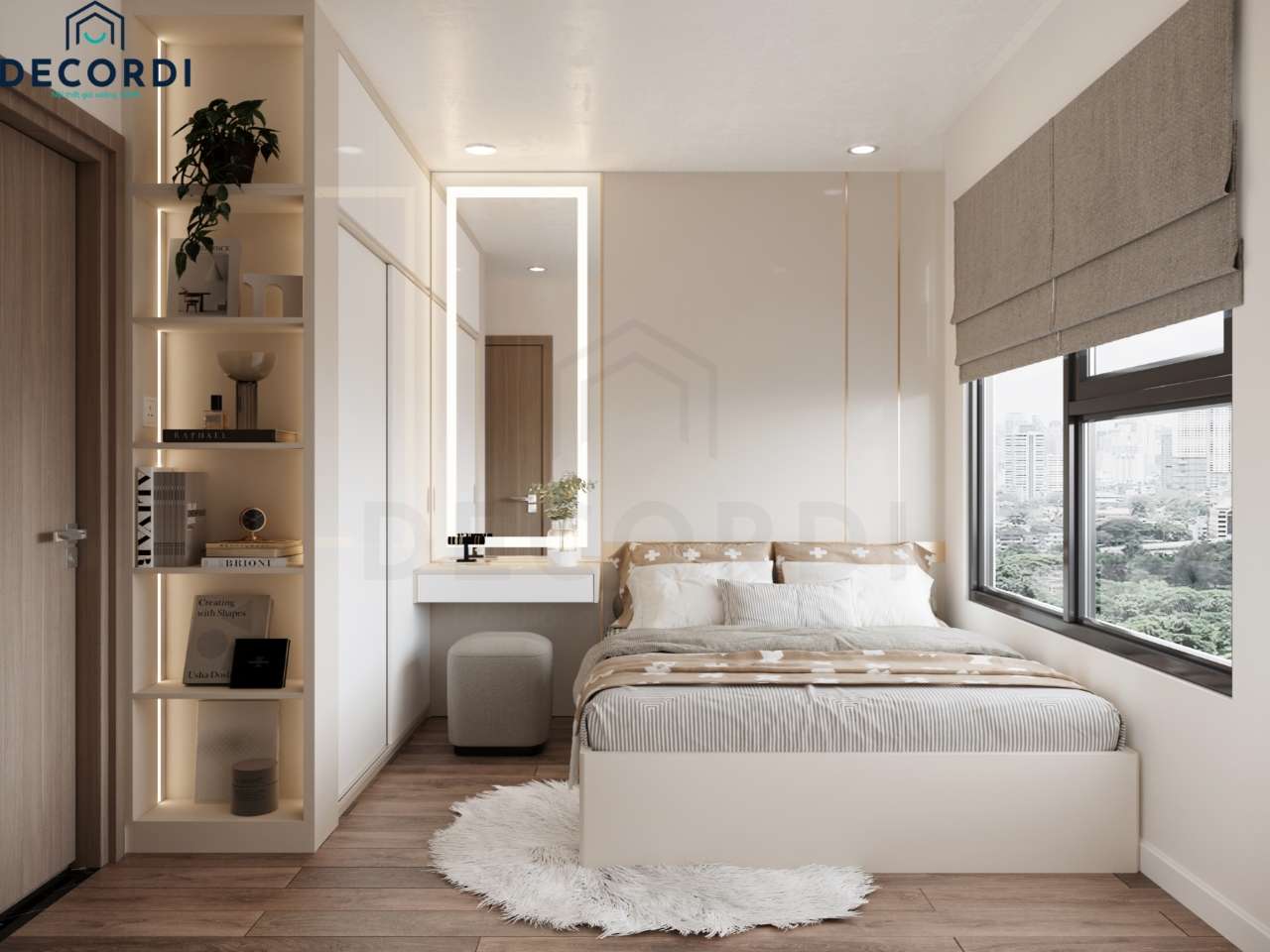 Tổng thể không gian phòng ngủ đơn giản nhưnhg sang trọng nhờ vách ốp đâu giường acrylic chạy chỉ vàng