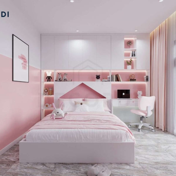 Phòng ngủ màu hồng hiện đại siêu dễ thương cho bé gái