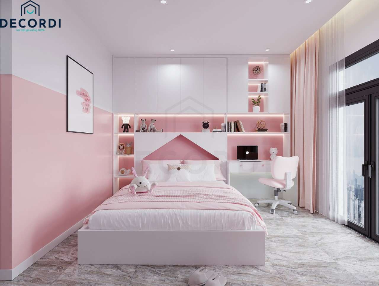 Phòng ngủ màu hồng hiện đại siêu dễ thương cho bé gái