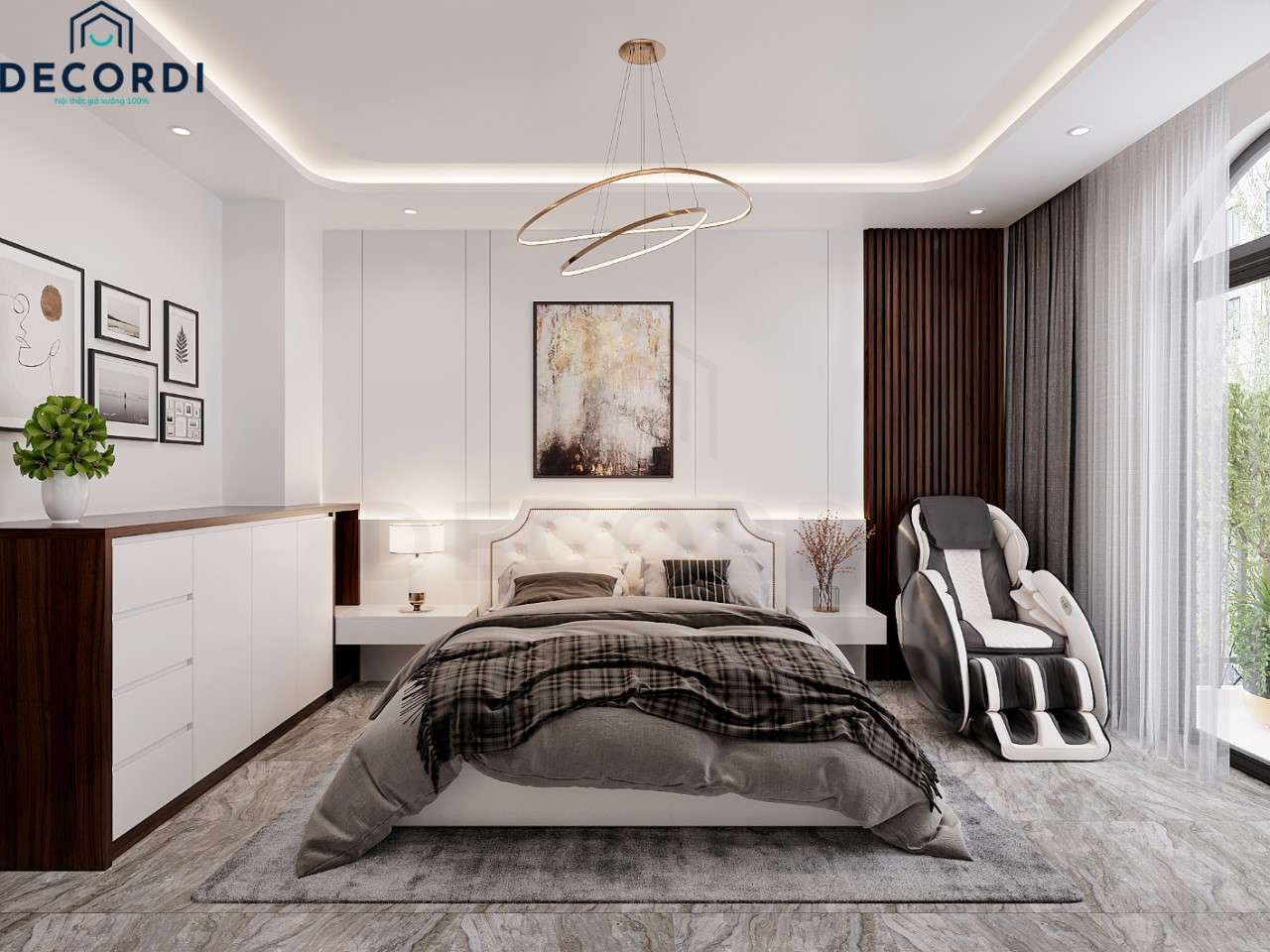 Phòng ngủ master sử dụng gam màu trắng nền nã mang lại cảm giác dịu dàng, nhẹ nhàng