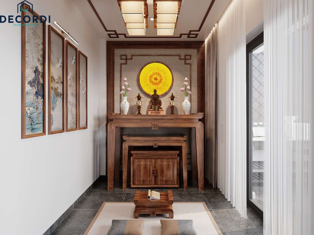 Không gian phòng thờ linh thiêng với bàn thờ gỗ óc chó đẹp đẳng cấp mang đến khí thế và uy nghiêm