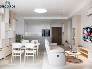 Thiết kế phòng khách liền bếp, tạo cảm giác rộng rãi và thoáng đãng kết hợp cùng màu sơn trắng làm căn hộ trở nên thanh thoát hơn